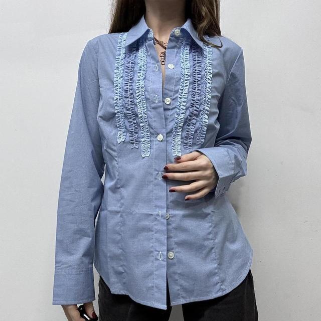 Blue pinstripe ruffle shirt