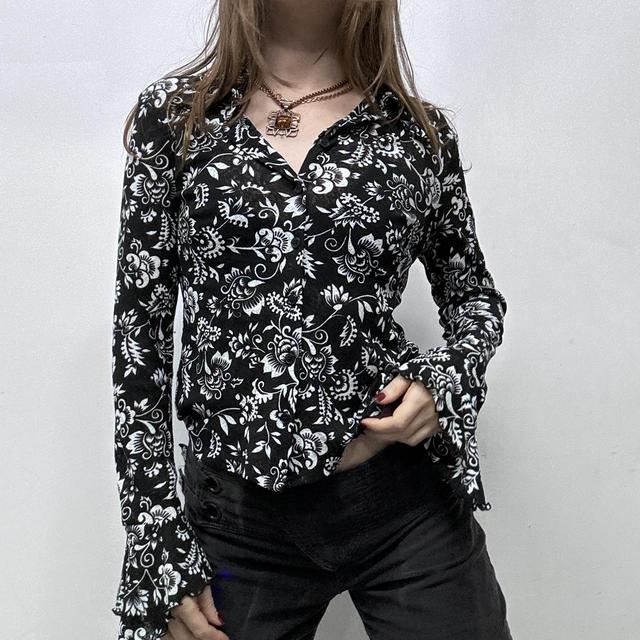 Black floral sheer mesh lace shirt