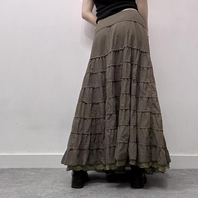 Khaki layered flared maxi skirt