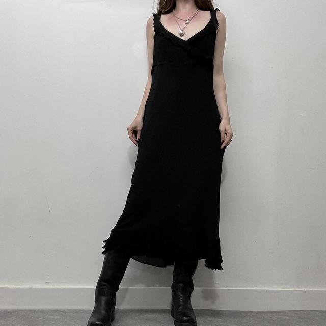 Black ruffle flared bias dress