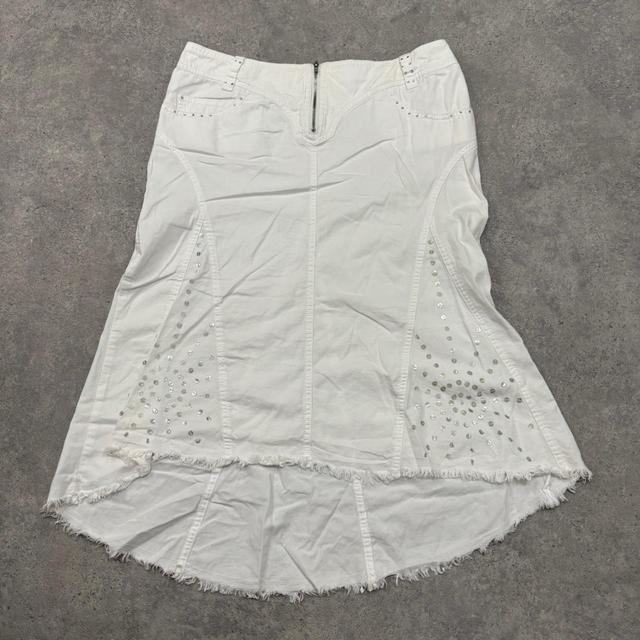 White flared distressed midi skirt