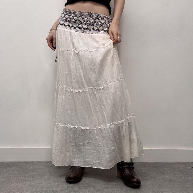 White cotton tiered embroidered maxi skirt
