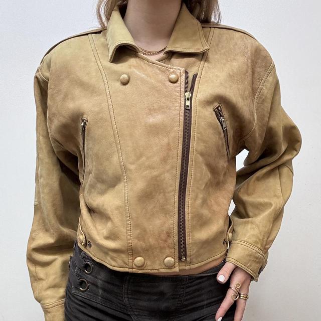 Cropped tan leather biker jacket