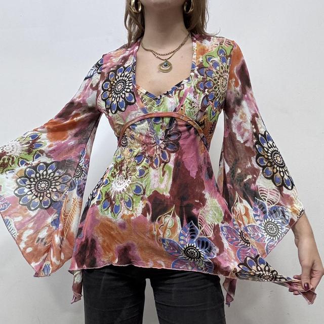 Flared graphic paisley fairy mesh top