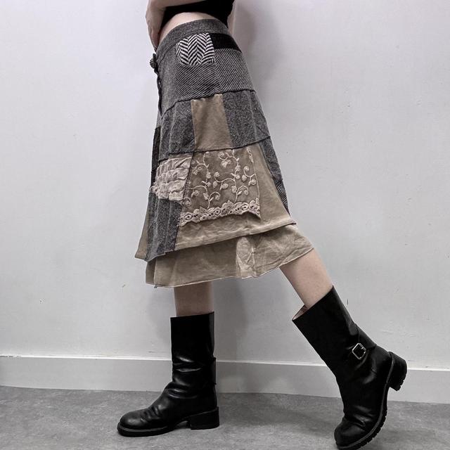 Tweed lace layered patchwork midi skirt