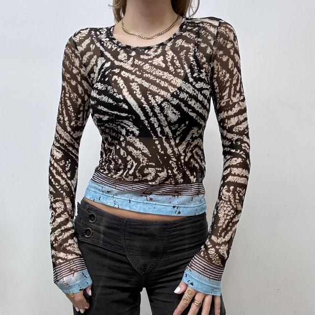 Sheer distressed graphic print mesh top