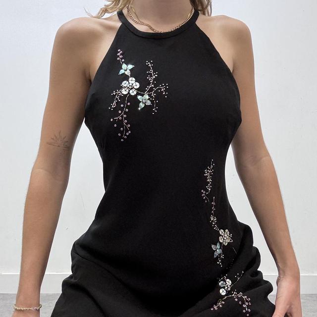 Black floral embelished asymmetric dress