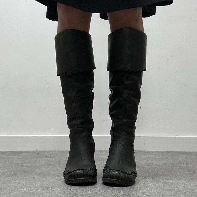 Black square toe leather boots
