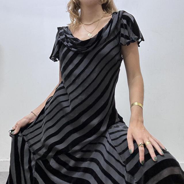 Black bias cut striped velvet maxi dress