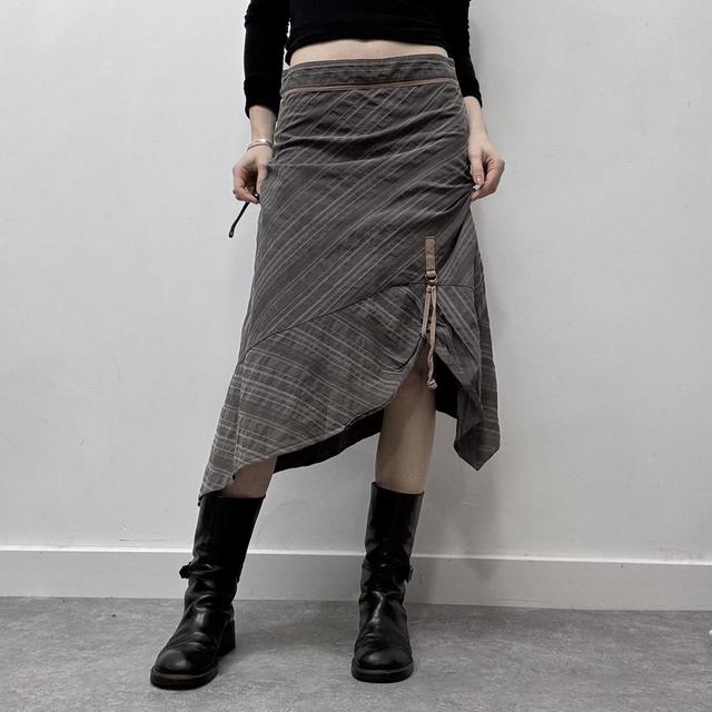 Brown pinstripe asymmetric midi skirt