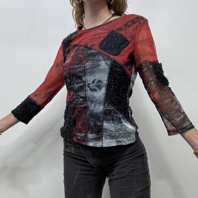 Black mesh red floral top