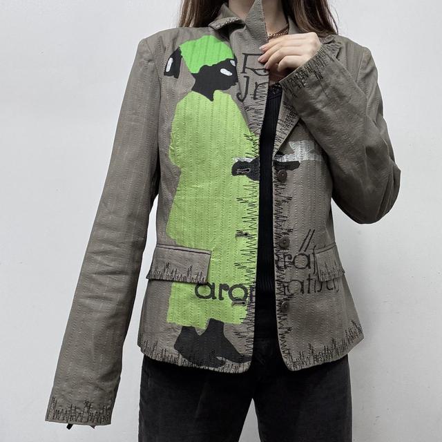 Khaki pinstripe graphic printed blazer jacket