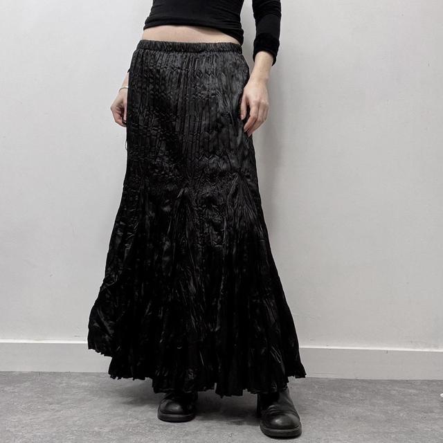 Black crinkle satin flared maxi skirt
