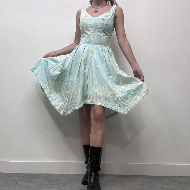 Blue graphic printed balloon puff midi dress