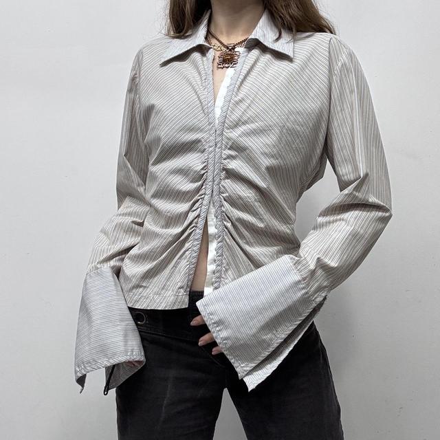 Corset gathered pinstripe flared office shirt