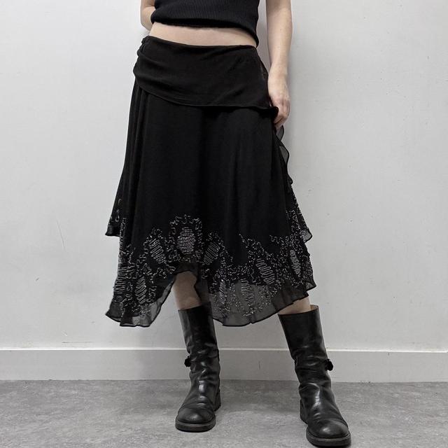 Flared layered beaded silk drape skirt