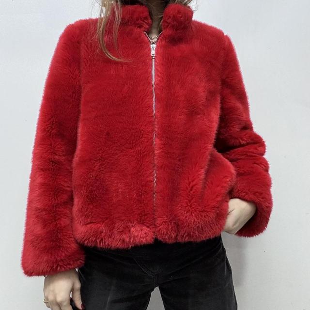 Red faux fur jacket