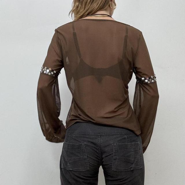 Sheer mesh brown puff sleeve blouse