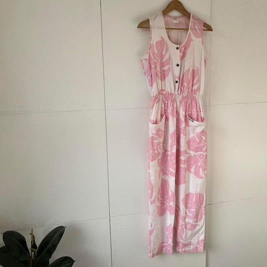 Pink graphic overalls / jumpsuit in cheese-monster plant leaf floral print - 90s / Y2k