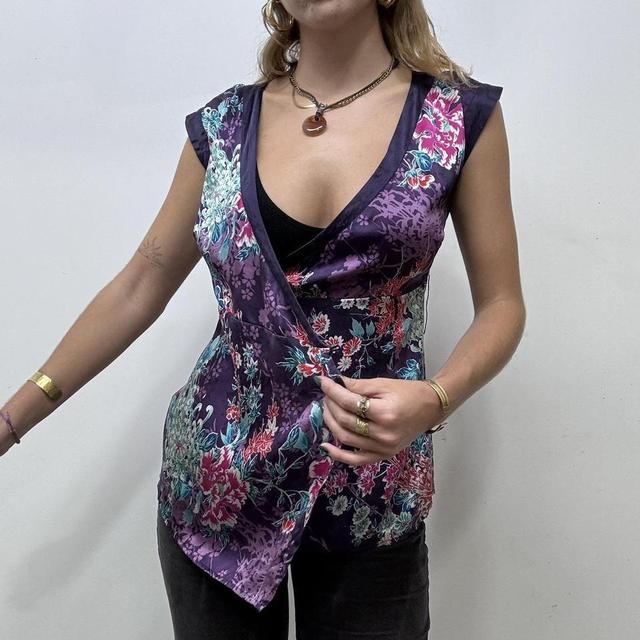 Y2K silk floral wrap top