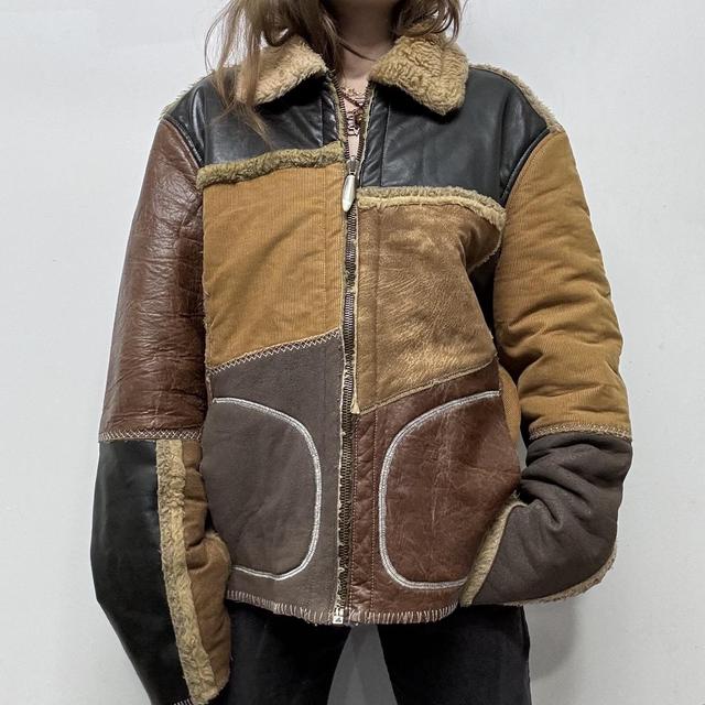 Leather sheepskin patchwork jacket