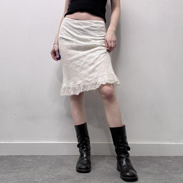 White embellished mesh mini midi skirt