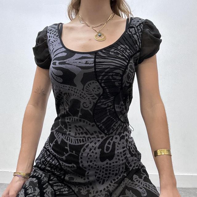 Black printed grunge graphic midi dress