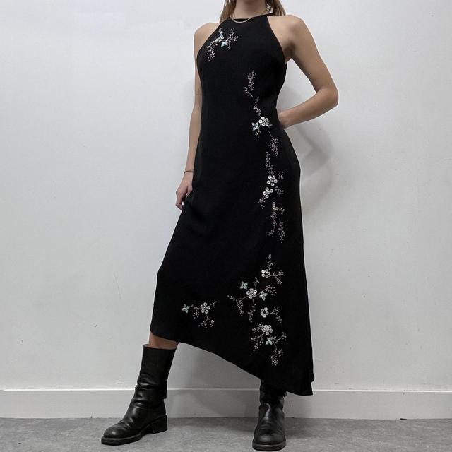 Black floral embelished asymmetric dress
