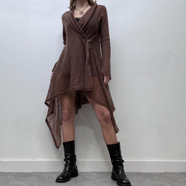 Brown sheer watefall pointelle knit fairy cardigan
