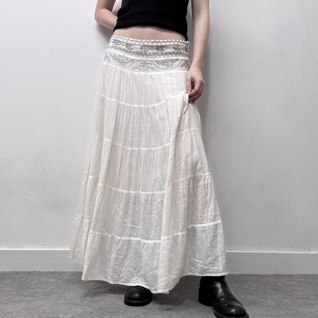 White flared embroidered maxi skirt