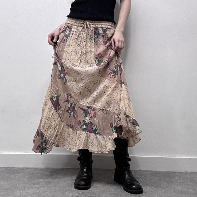Sheer patchwork floral ruffle skirt