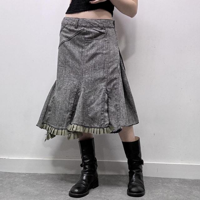 Flared grey tweed archival asymmetric midi skirt