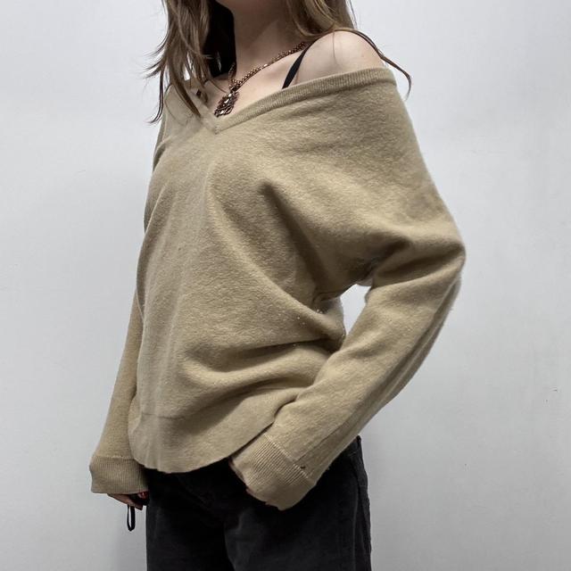 Tan off the shoulder slouchy cashmere jumper