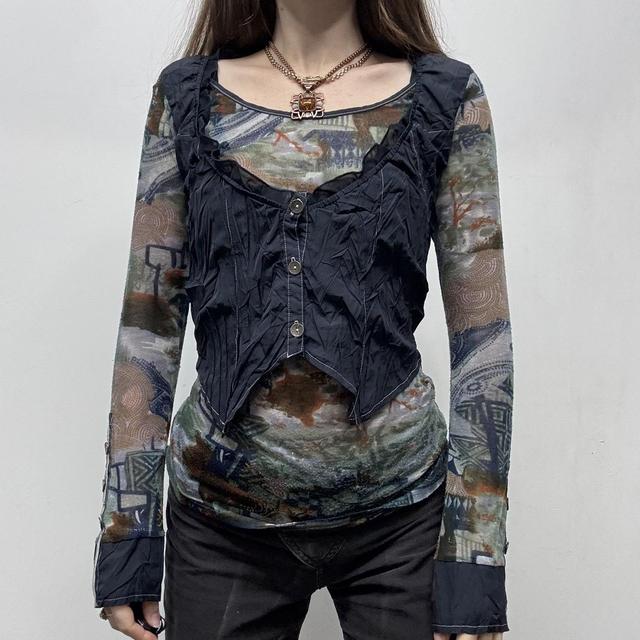 Sheer graphic patterned layered waistcoat top