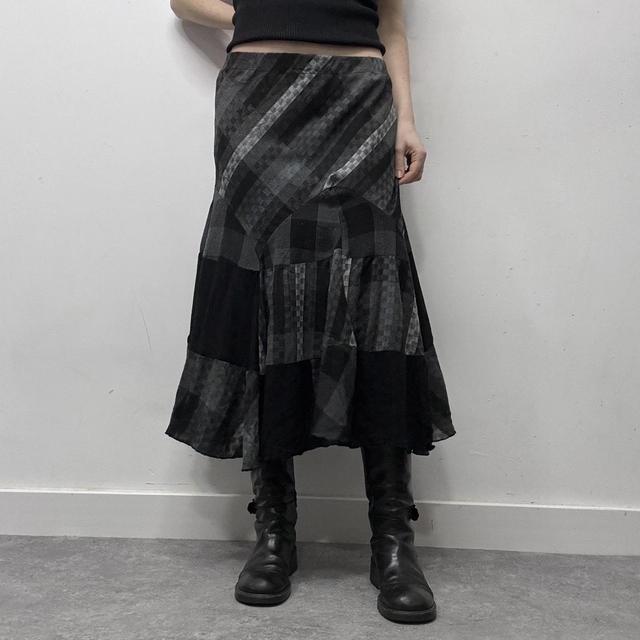 Black striped tartan flare maxi skirt