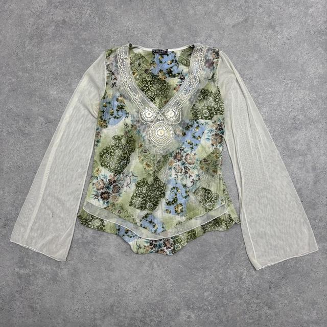 Flared fairy floral sheer mesh top