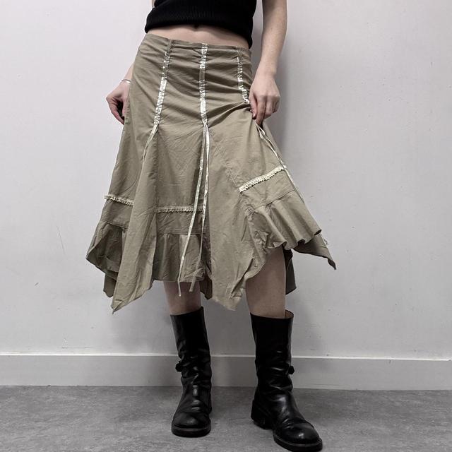 Khaki ribbon asymmetric midi skirt