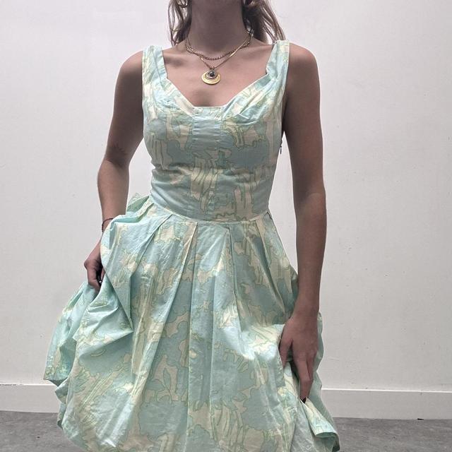 Blue graphic printed balloon puff midi dress