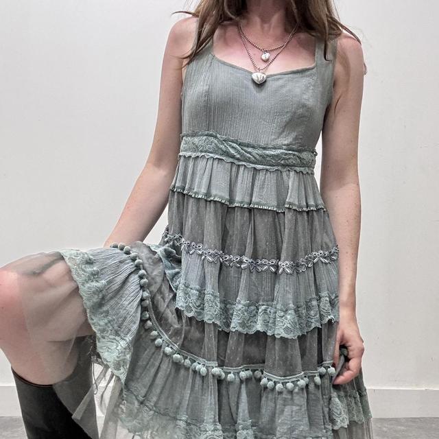 Flared lace mesh ruffle dress