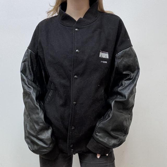 Black leather varisty bomber jacket