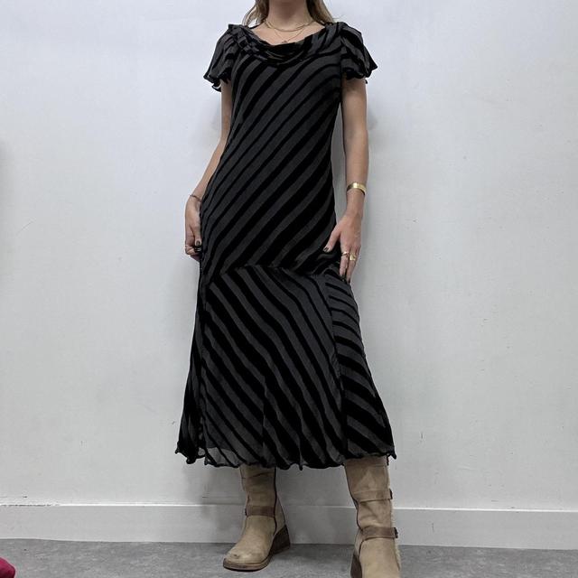 Black bias cut striped velvet maxi dress