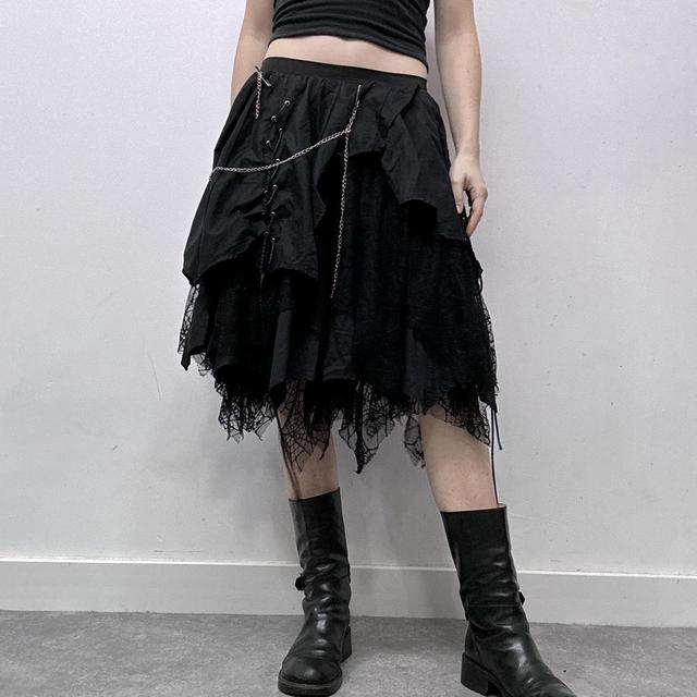 Black lace puff asymmetric grunge midi skirt