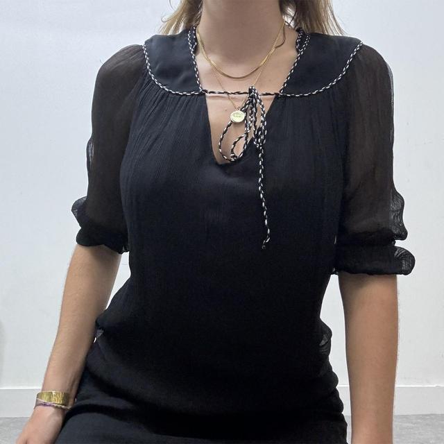 Black crinkle silk bow neck mini dress