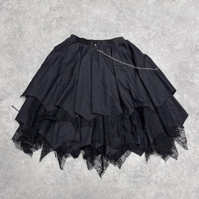 Black lace puff asymmetric grunge midi skirt