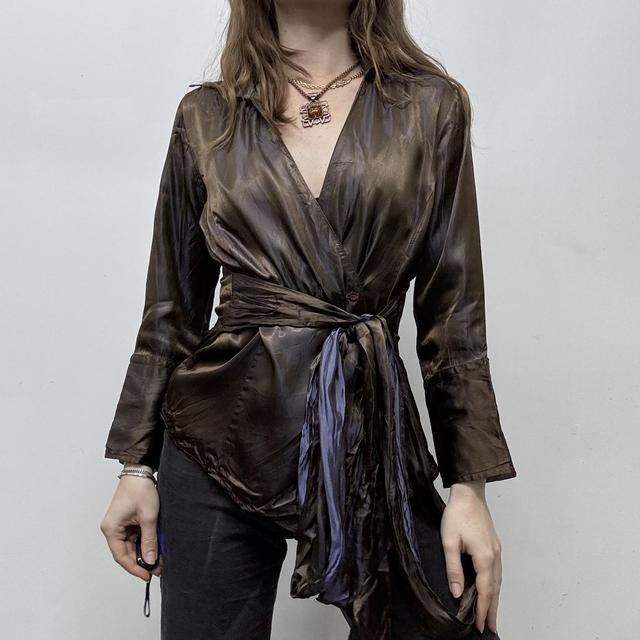 Two tone brown silky wrap shirt
