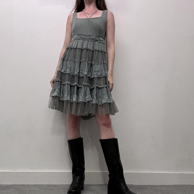 Flared lace mesh ruffle dress