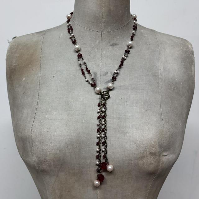 Layered chain pearl charm necklace