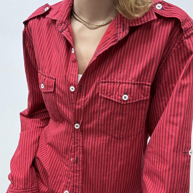 Red flared pinstripe fitted shirt