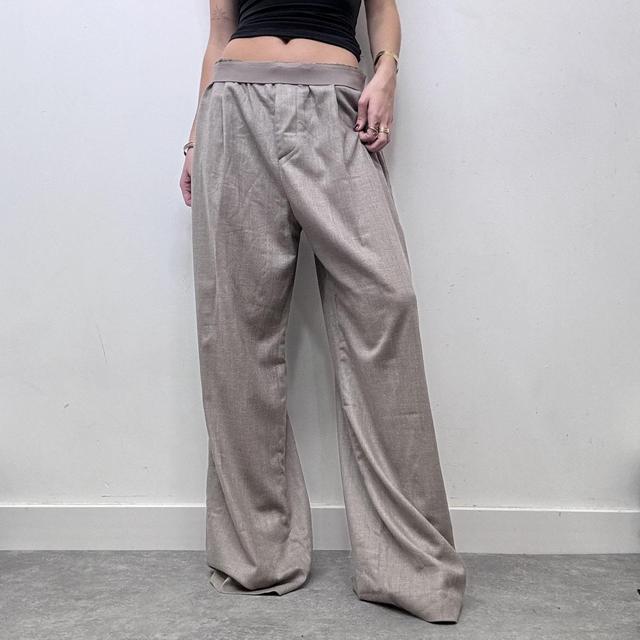 Beige oversized wide leg wool trousers