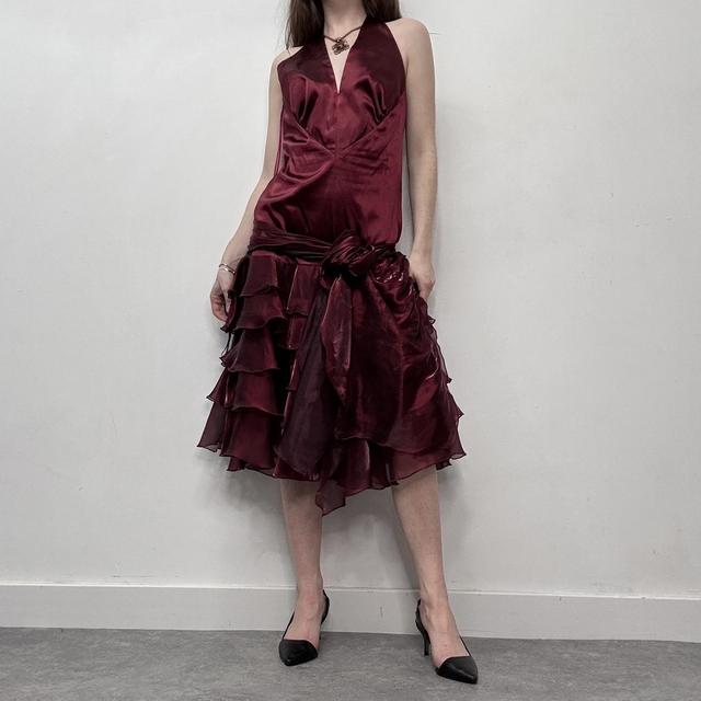 Silky ruffle burgundy satin puffy dress
